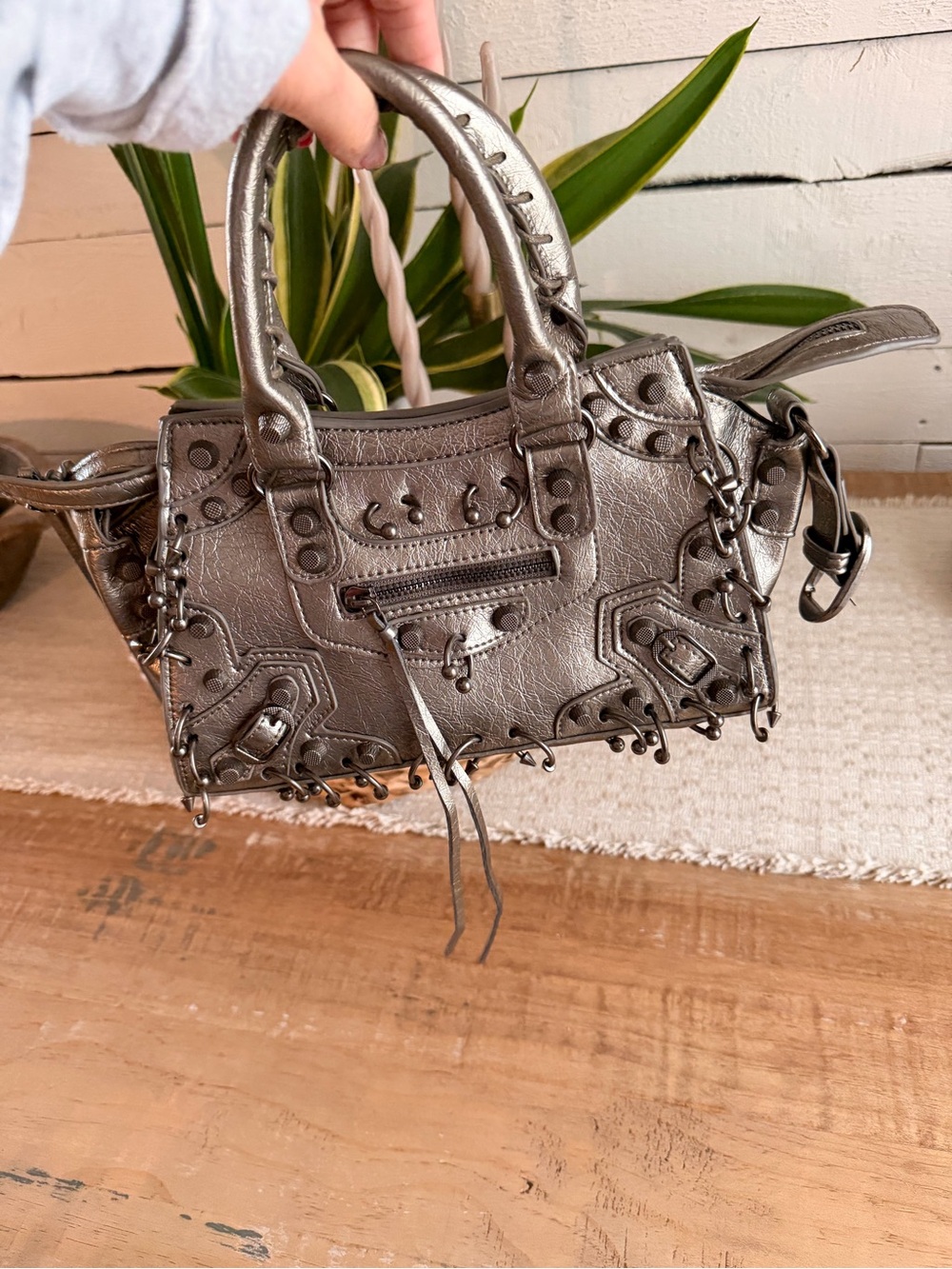 Metallic Gray Studded Mini Satchel Handbag